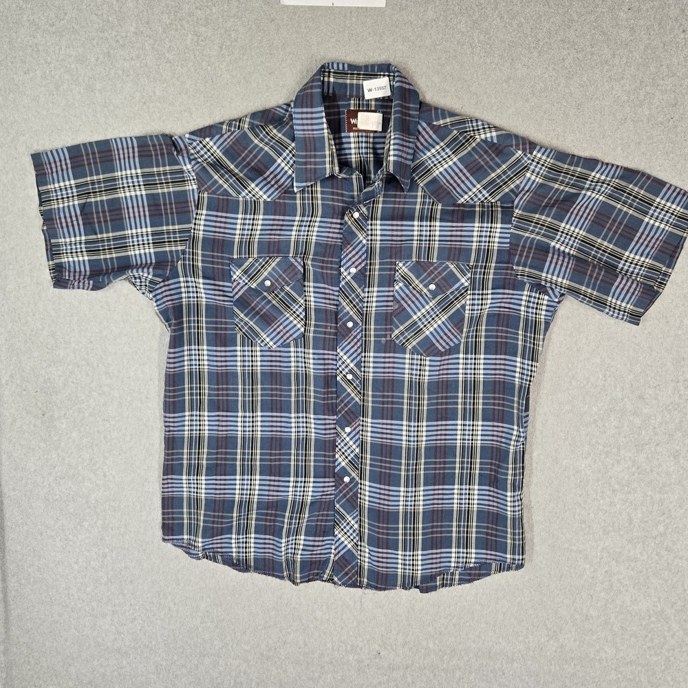 Wrangler Men Button Up Shirt XL (17-17 1/2) Blue Plaid Western Shirt